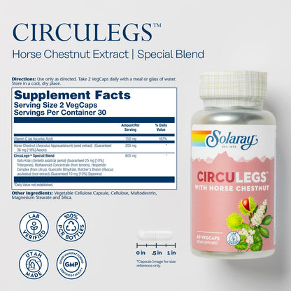 SOLARAY Circulegs - Herbal Supplements for Wellness Support w/Horse Chestnut Extract and Vitamin C, Plus Gotu Kola, Flavonoids, Hesperidin Blend - Vegan, Gluten Free, 60-Day Guarantee - 30 Servings - dailyvitalstore
