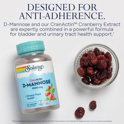 SOLARAY D-Mannose 1000mg with CranActin Cranberry Supplement 400mg, Urinary Tract Health & Bladder Support Capsules with Vitamin C, Vegan, 60 Day Guarantee, 60 Servings, 120 VegCaps (120 CT) - dailyvitalstore