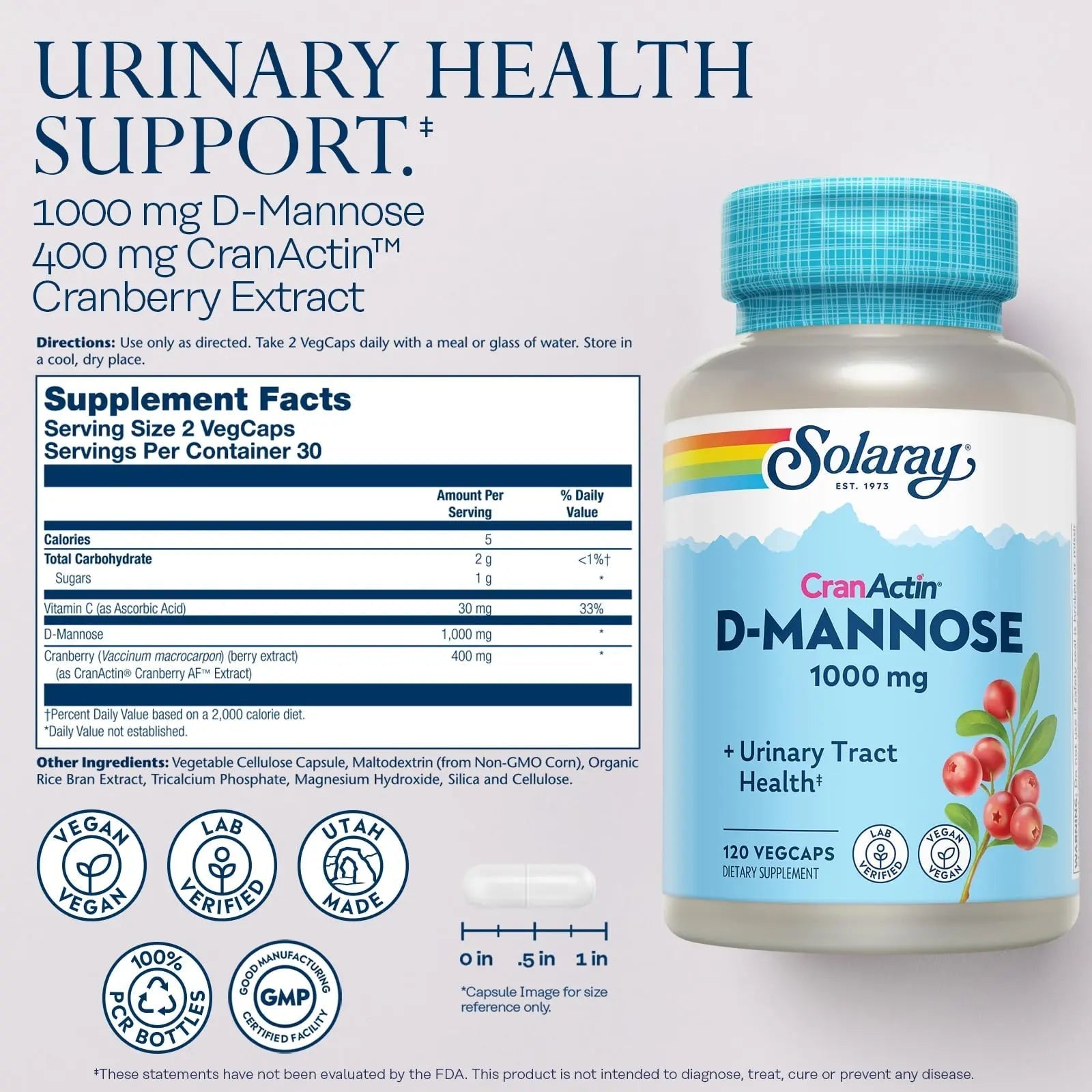 SOLARAY D-Mannose 1000mg with CranActin Cranberry Supplement 400mg, Urinary Tract Health & Bladder Support Capsules with Vitamin C, Vegan, 60 Day Guarantee, 60 Servings, 120 VegCaps (120 CT) - dailyvitalstore