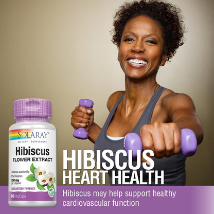 SOLARAY Hibiscus Flower Extract Sabdariffa Supplement - 250 mg, Healthy Cardiovascular Function Support for Men and Women, Non-GMO, Vegan Capsules - 60 Count VegCaps - dailyvitalstore