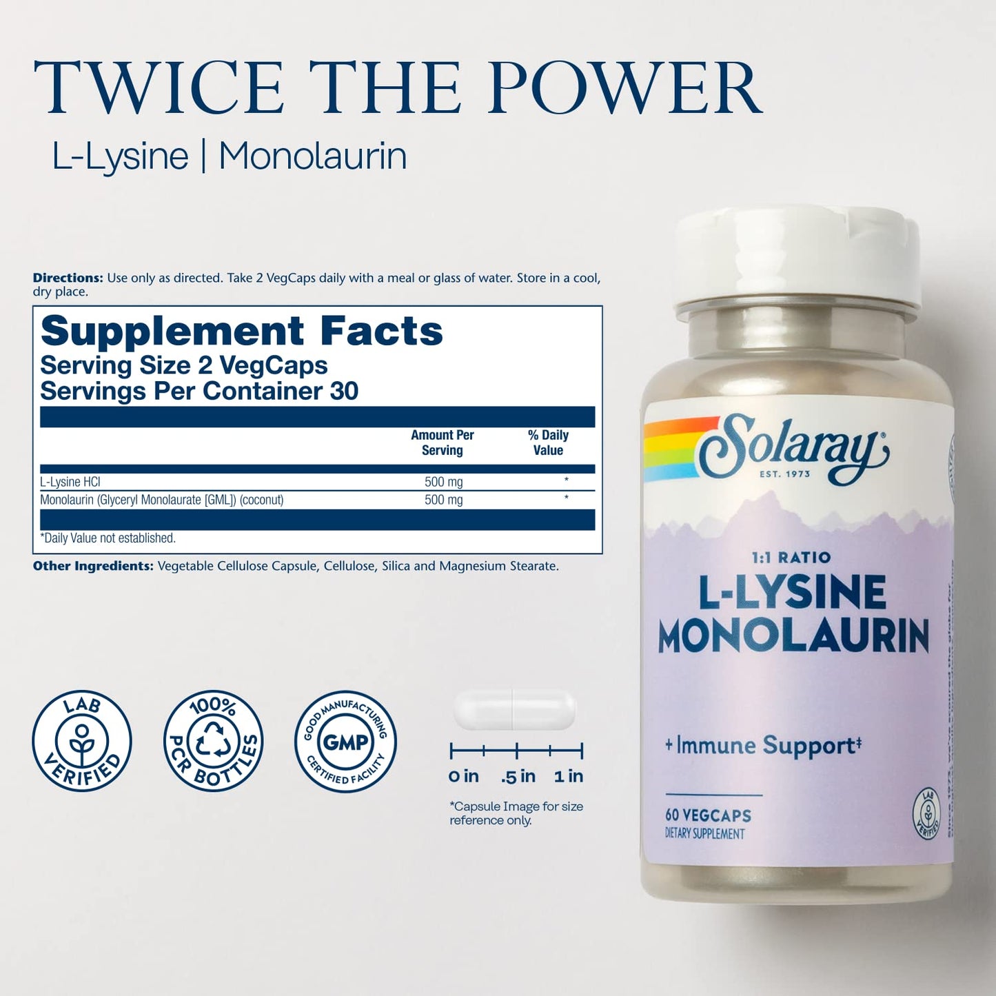 SOLARAY L-Lysine Monolaurin Immune Support Supplement, 1:1 Ratio for Immune System Function, 500 mg Each, 60-Day Money Back Guarantee - dailyvitalstore