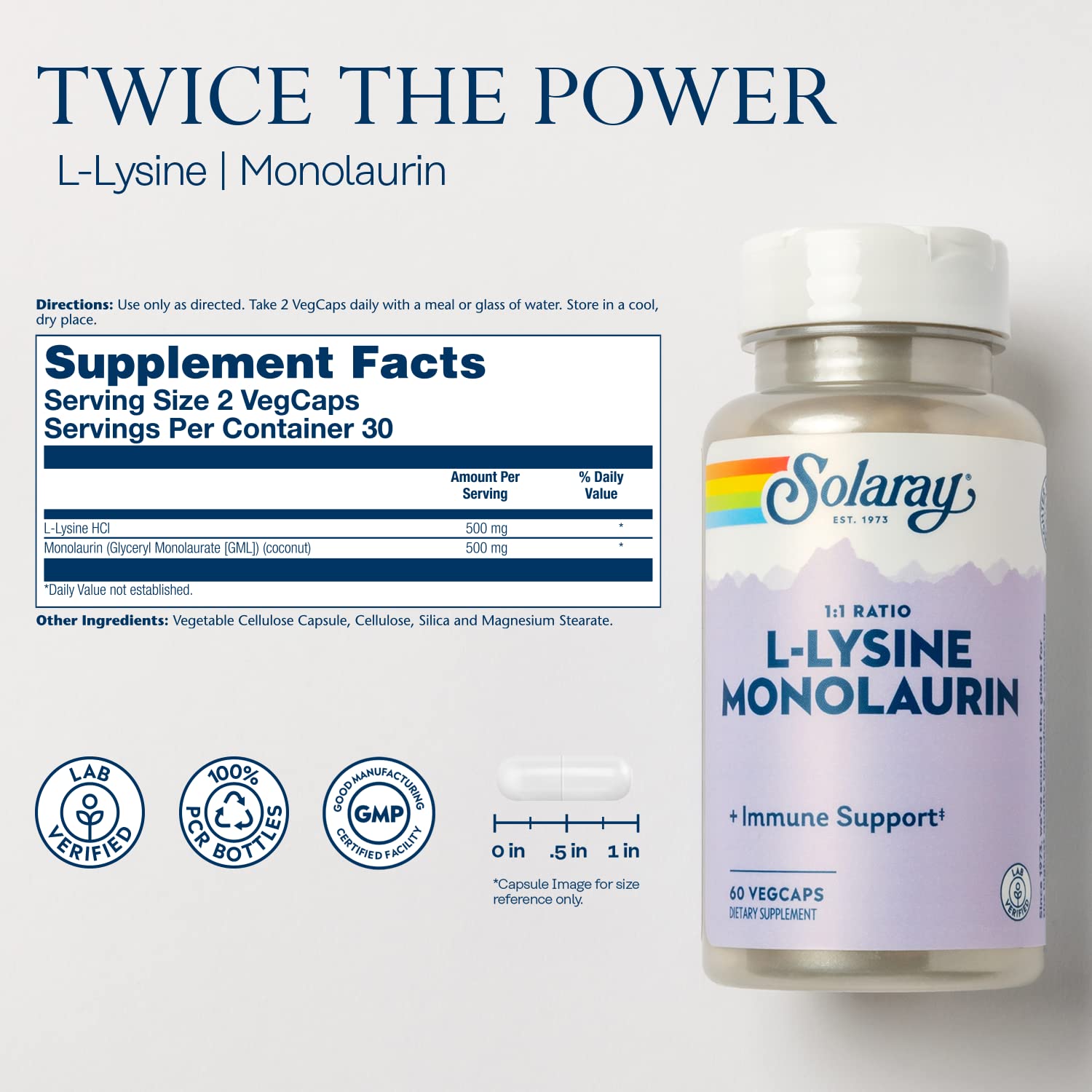 SOLARAY L-Lysine Monolaurin Immune Support Supplement, 1:1 Ratio for Immune System Function, 500 mg Each, 60-Day Money Back Guarantee - dailyvitalstore