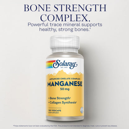SOLARAY Manganese Supplement 50 mg - Essential Trace Minerals - Advanced Trace Mineral Supplements for Bone Strength and Bone Health Support - Lab Verified, 60-Day Guarantee, 100 Servings, 100 VegCaps - dailyvitalstore