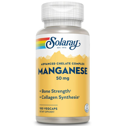 SOLARAY Manganese Supplement 50 mg - Essential Trace Minerals - Advanced Trace Mineral Supplements for Bone Strength and Bone Health Support - Lab Verified, 60-Day Guarantee, 100 Servings, 100 VegCaps - dailyvitalstore