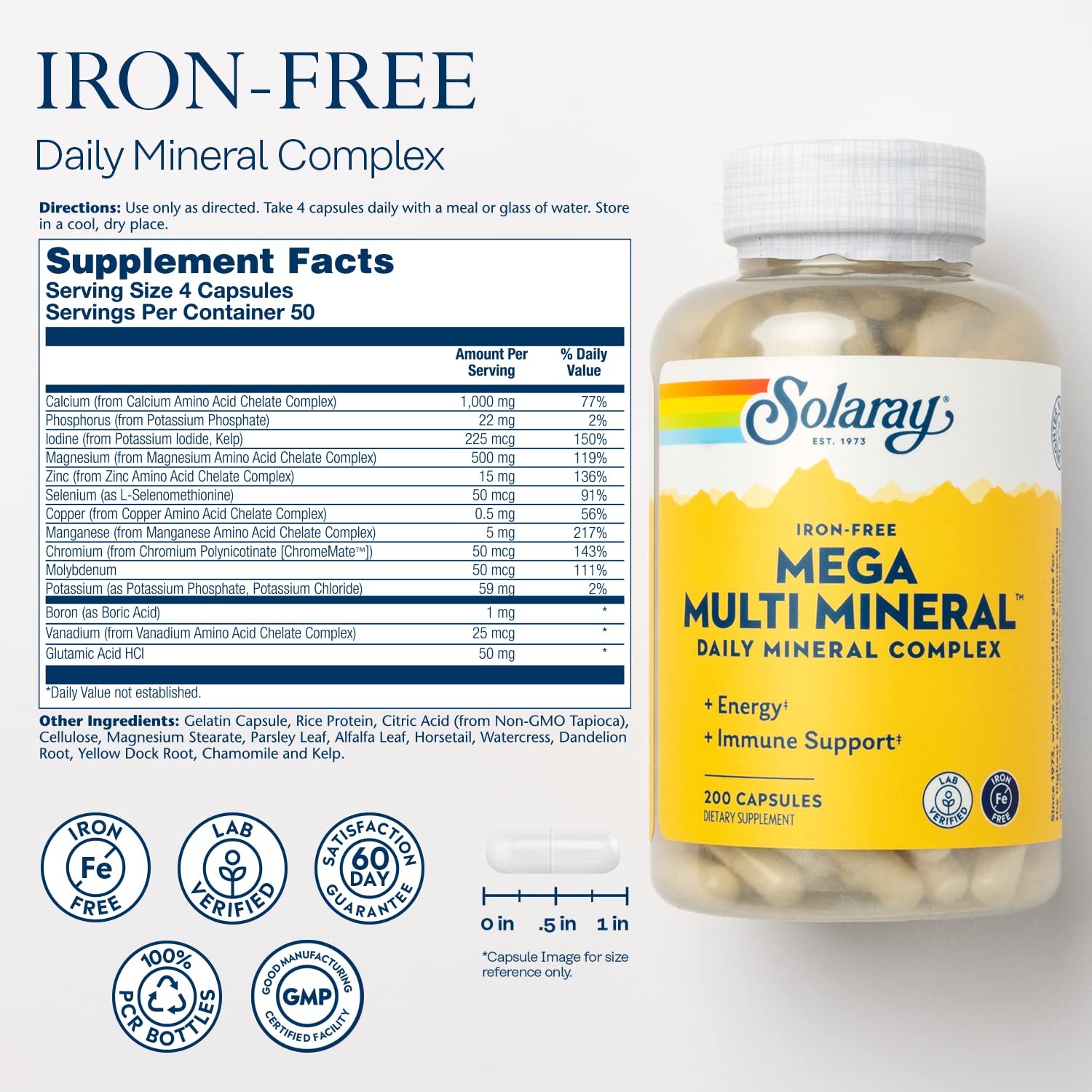 SOLARAY Mega Multi Mineral, Iron Free - Daily Mineral Supplement w/Trace Minerals, Electrolytes, Calcium, Magnesium, Zinc, Selenium, Boron -Cellular Energy, Immune Support, 60-Day Guarantee, 50 Serv - dailyvitalstore