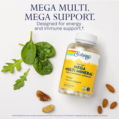 SOLARAY Mega Multi Mineral, Iron Free - Daily Mineral Supplement w/Trace Minerals, Electrolytes, Calcium, Magnesium, Zinc, Selenium, Boron -Cellular Energy, Immune Support, 60-Day Guarantee, 50 Serv - dailyvitalstore