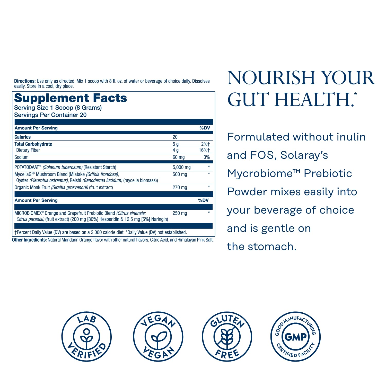 SOLARAY Mycrobiome Prebiotic Powder, Prebiotics for Women and Men, Digestive Nutritional Supplements for Colon and Gut Health, Easy-to-Mix, Non-Bloating Formula, - dailyvitalstore