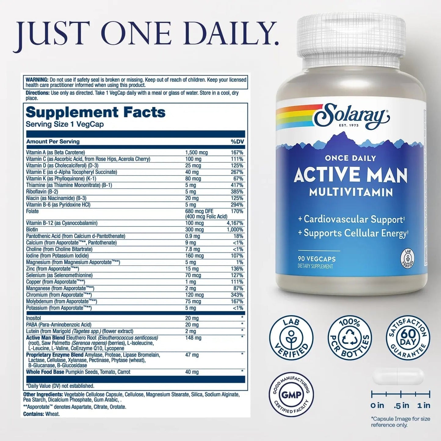 SOLARAY Once Daily Active Man Multivitamin - Cellular Energy and Immune Support Supplement w/Vitamin D, Vitamin C, B12, B6, Zinc, Lutein - dailyvitalstore