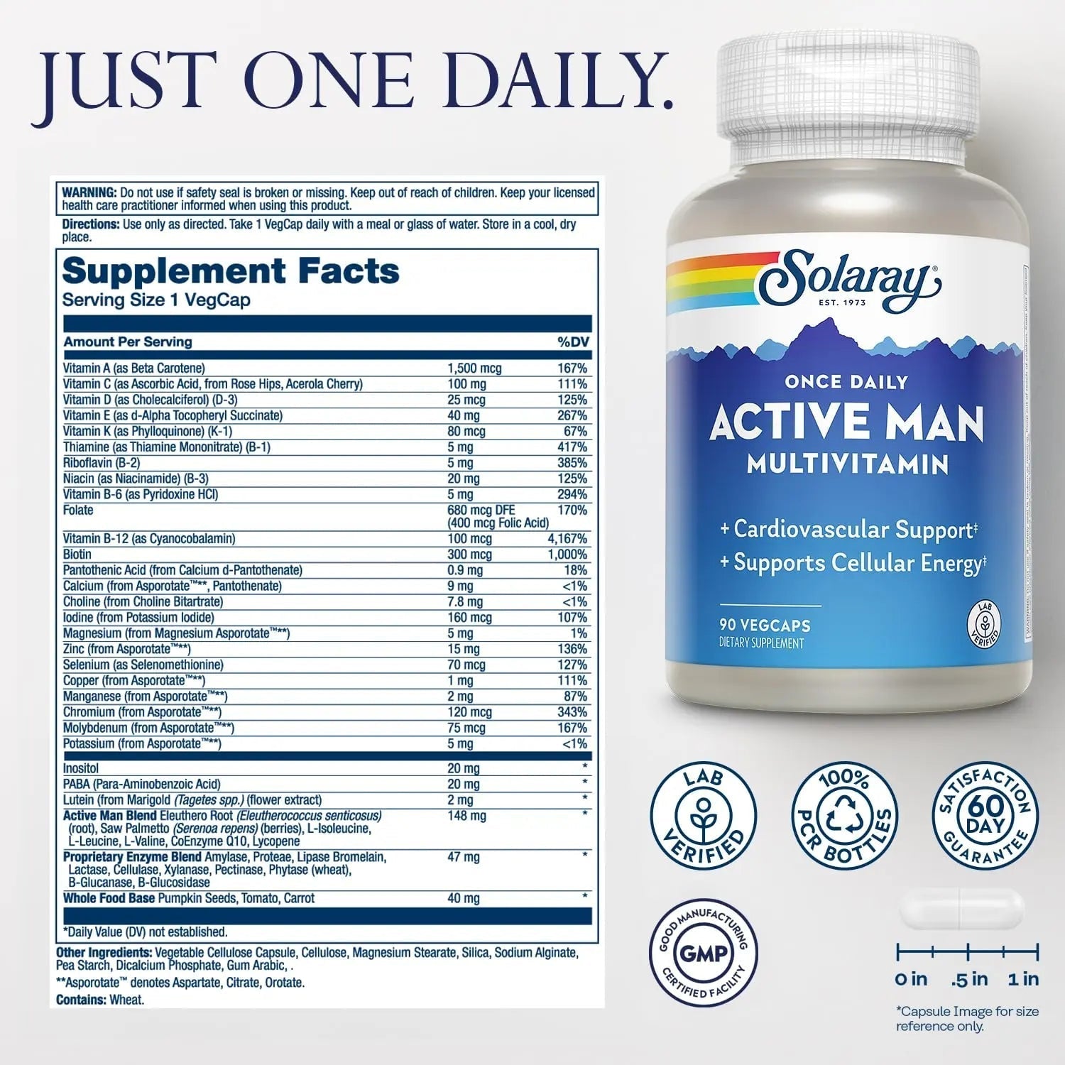 SOLARAY Once Daily Active Man Multivitamin - Cellular Energy and Immune Support Supplement w/Vitamin D, Vitamin C, B12, B6, Zinc, Lutein - dailyvitalstore