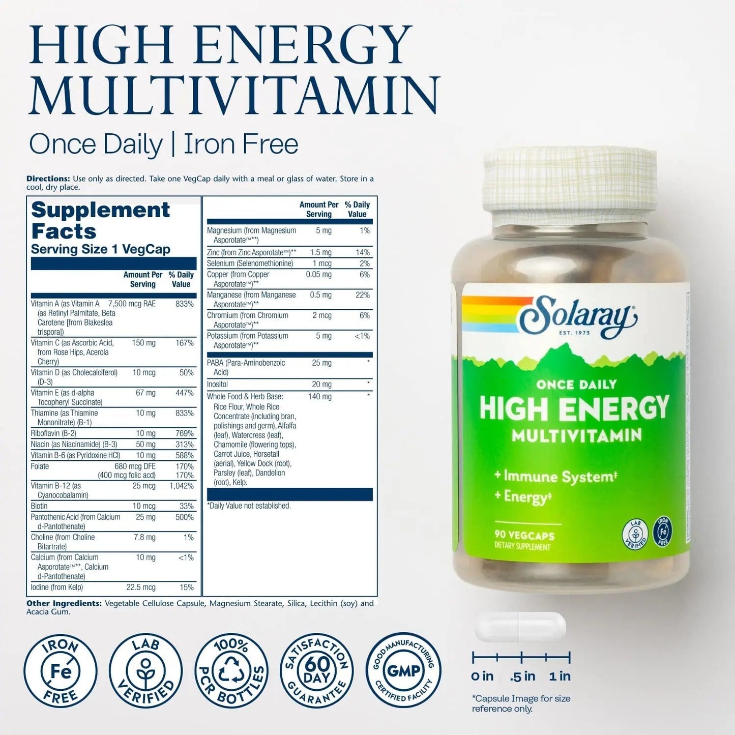 SOLARAY Once Daily High Energy Multivitamin, Iron Free, Immune System and Energy Support, Whole Food and Herb Base Ingredients - dailyvitalstore