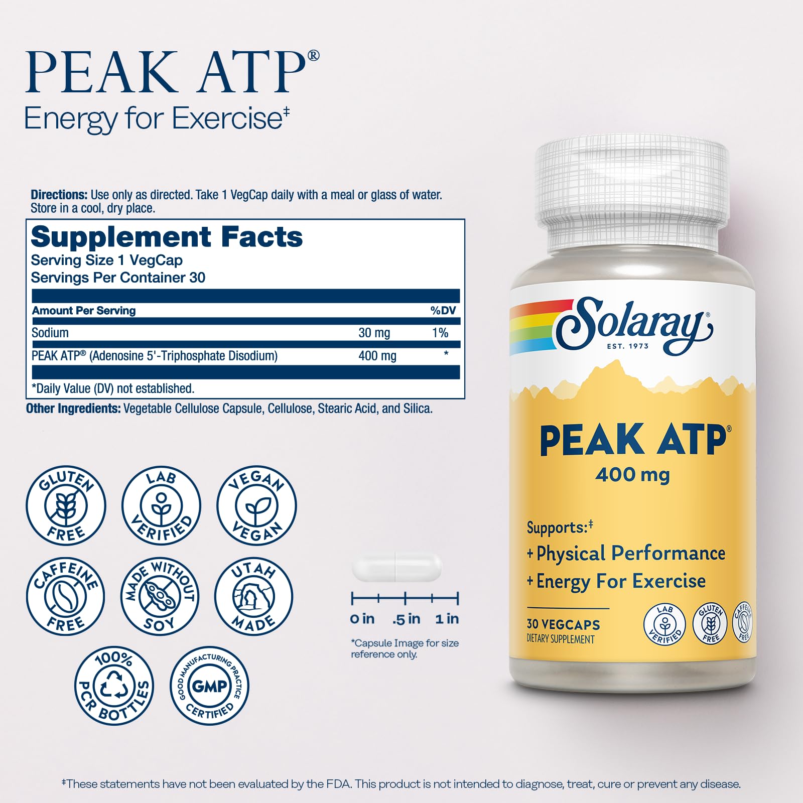 SOLARAY Peak ATP 400 mg - Physical Performance and Exercise Energy Supplements - Stim Free Pre Workout Pills - No Caffeine or Gluten - Lab Verified - 60-Day Guarantee - 30 Servings, 30 VegCaps - dailyvitalstore