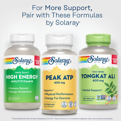 SOLARAY Peak ATP 400 mg - Physical Performance and Exercise Energy Supplements - Stim Free Pre Workout Pills - No Caffeine or Gluten - Lab Verified - 60-Day Guarantee - 30 Servings, 30 VegCaps - dailyvitalstore