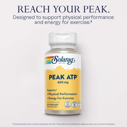 SOLARAY Peak ATP 400 mg - Physical Performance and Exercise Energy Supplements - Stim Free Pre Workout Pills - No Caffeine or Gluten - Lab Verified - 60-Day Guarantee - 30 Servings, 30 VegCaps - dailyvitalstore