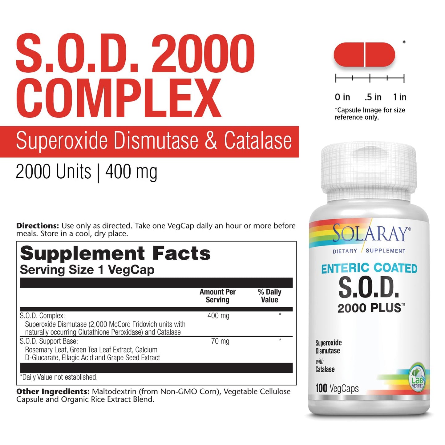 SOLARAY S.O.D. 2000 Plus - Superoxide Dismutase (SOD) and Catalase Antioxidant Supplement, Wellness Support - w/Green Tea Extract, Calcium, Rosemary, Grape Seed Extract, 60-Day Guarantee, 100 Servings - dailyvitalstore