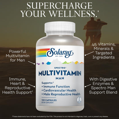 SOLARAY Spectro Multivitamin for Men - Cellular Energy, Heart Health, Immune Support - 45 Vitamins and Minerals w/Vitamin A, Vitamin C, D, Zinc, Digestive Enzymes, CoQ10, 60-Day Guarantee, 30 Serv. - dailyvitalstore