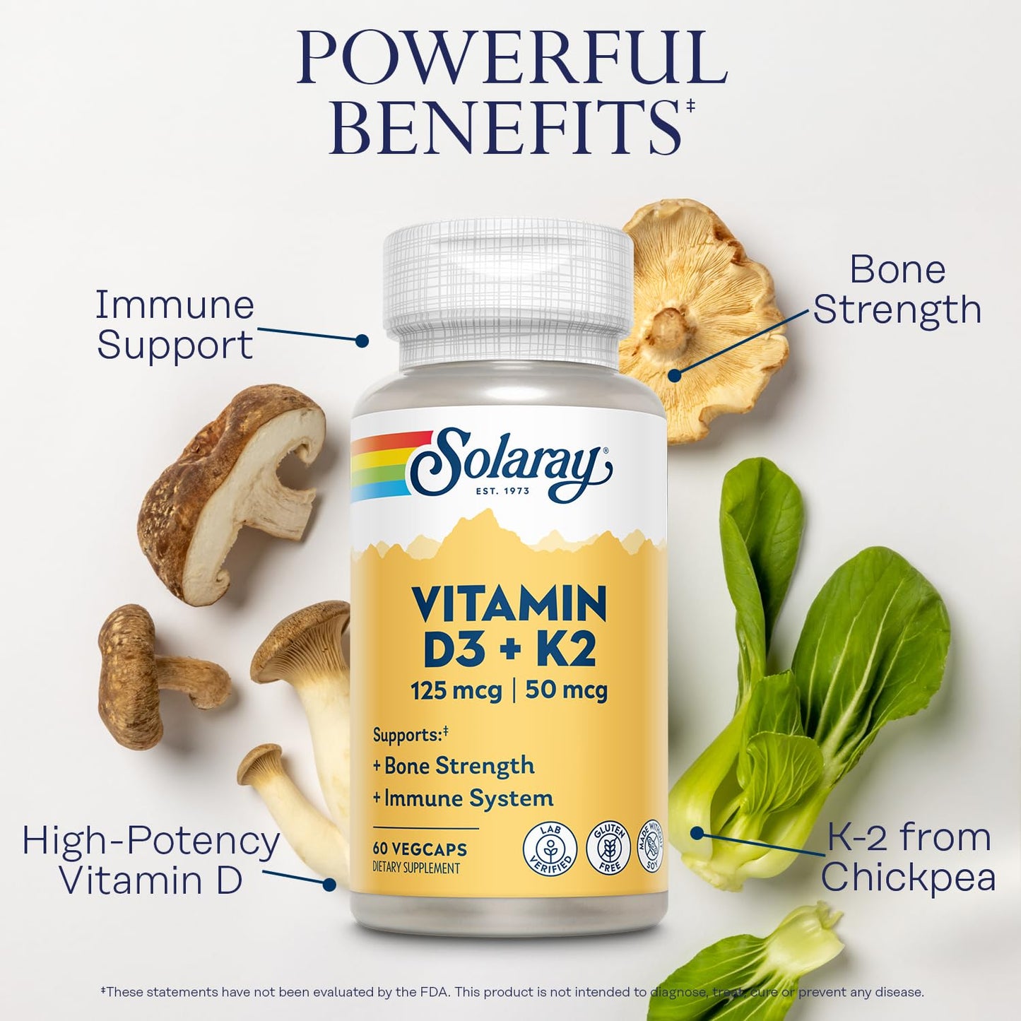 SOLARAY Vitamin D3 K2, K2 D3 Vitamin Supplement for Calcium Absorption, Bone Strength, Cardiovascular & Immune Function Support, Made Without Soy, 60-Day Guarantee, 60 Servings, 60 VegCaps - dailyvitalstore