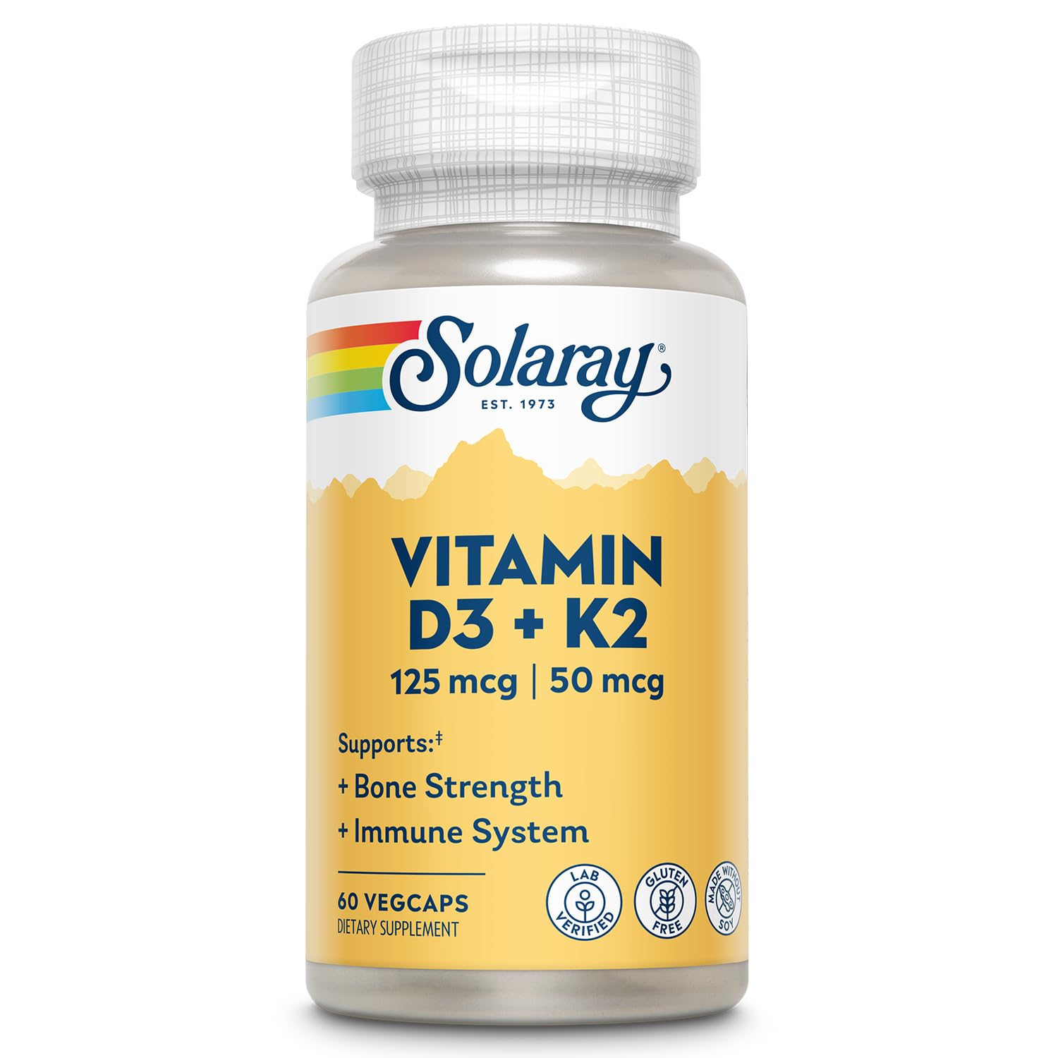 SOLARAY Vitamin D3 K2, K2 D3 Vitamin Supplement for Calcium Absorption, Bone Strength, Cardiovascular & Immune Function Support, Made Without Soy, 60-Day Guarantee, 60 Servings, 60 VegCaps - dailyvitalstore