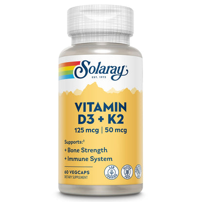 SOLARAY Vitamin D3 K2, K2 D3 Vitamin Supplement for Calcium Absorption, Bone Strength, Cardiovascular & Immune Function Support, Made Without Soy, 60-Day Guarantee, 60 Servings, 60 VegCaps - dailyvitalstore
