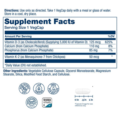 SOLARAY Vitamin D3 K2, K2 D3 Vitamin Supplement for Calcium Absorption, Bone Strength, Cardiovascular & Immune Function Support, Made Without Soy, 60-Day Guarantee, 60 Servings, 60 VegCaps - dailyvitalstore