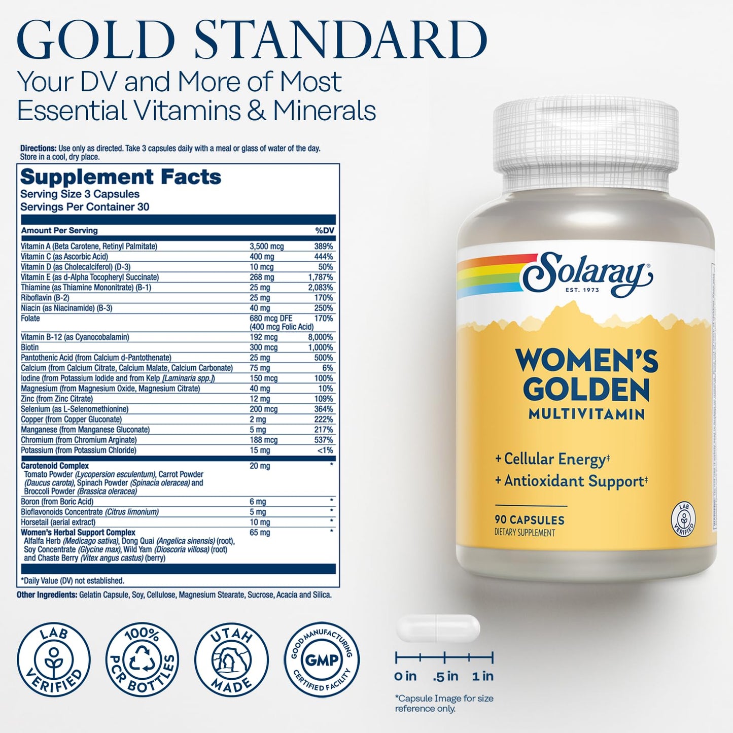 SOLARAY Women's Golden Multivitamin Supplement - Daily Wellness Vitamins for Women, Nutrient Rich, Cellular Energy Support Caps, Complex with Vitamins A, C, D, & E, Biotin, Calcium & More- 90 Capsules - dailyvitalstore