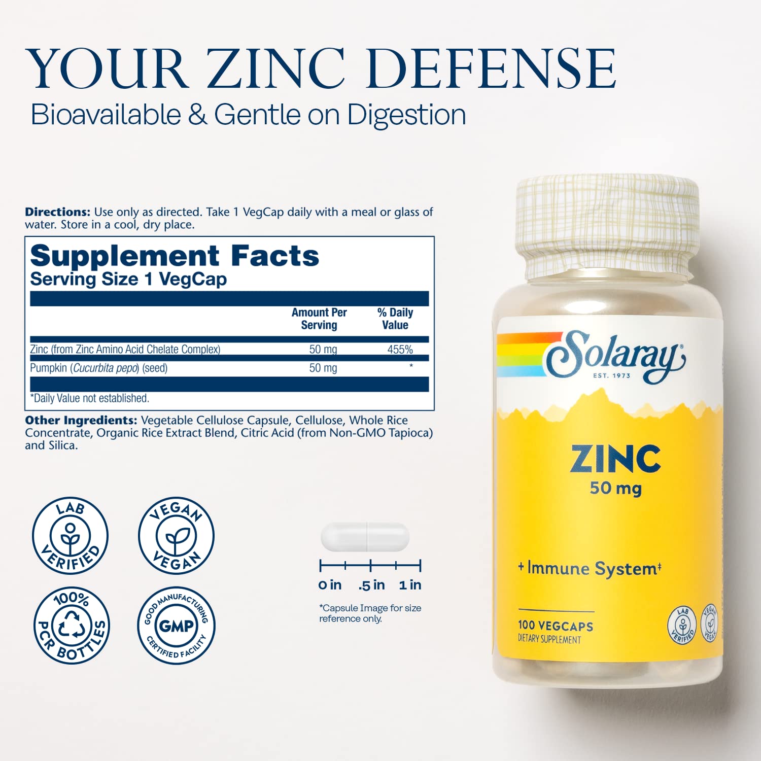 Solaray Zinc 50mg Immune Support Capsules, 100 Count, Vegan, Pumpkin Seed - dailyvitalstore