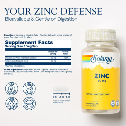 Solaray Zinc 50mg Immune Support Capsules, 100 Count, Vegan, Pumpkin Seed - dailyvitalstore