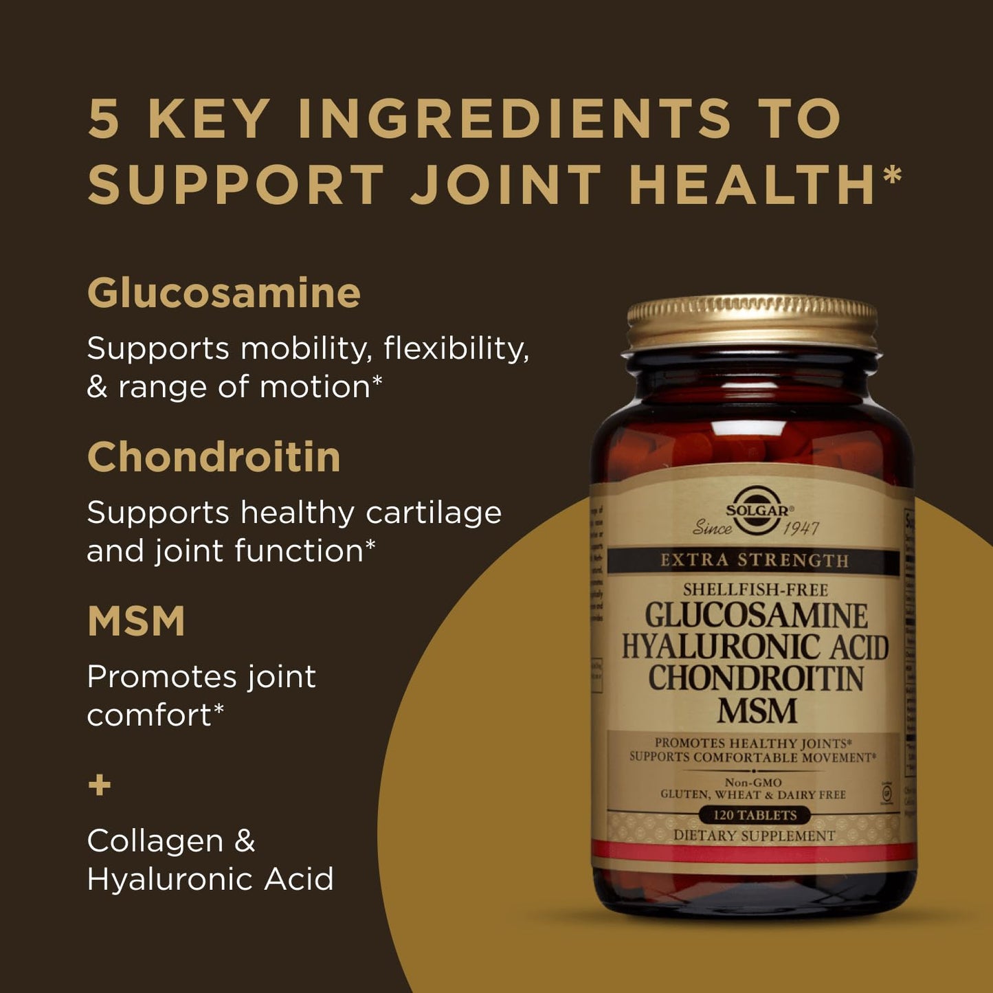 Solgar Glucosamine Hyaluronic Acid Chondroitin MSM, 120 Tablets - Supports Healthy Joints - Supports Range of Motion & Flexibility - Extra Strength, Shellfish Free - dailyvitalstore