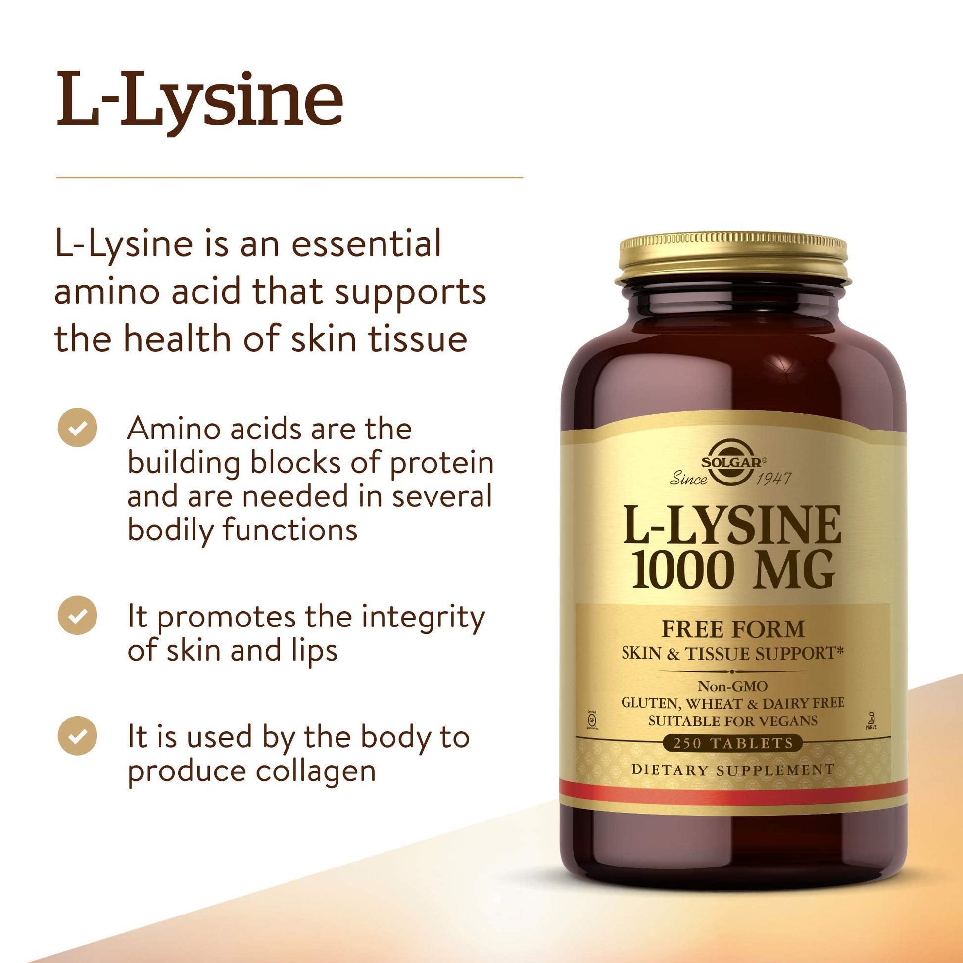Solgar L-Lysine 1000 mg, 250 Tablets - Enhanced Absorption and Assimilation - Promotes Integrity of Skin and Lips - Collagen Support - Amino Acids - dailyvitalstore