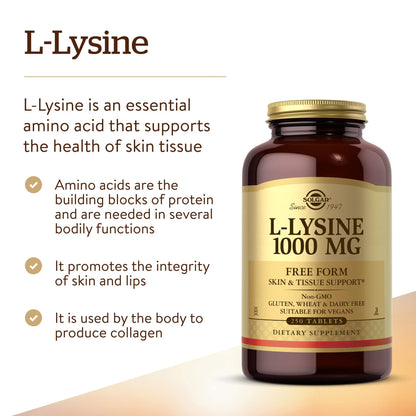 Solgar L-Lysine 1000 mg, 250 Tablets - Enhanced Absorption and Assimilation - Promotes Integrity of Skin and Lips - Collagen Support - Amino Acids - dailyvitalstore