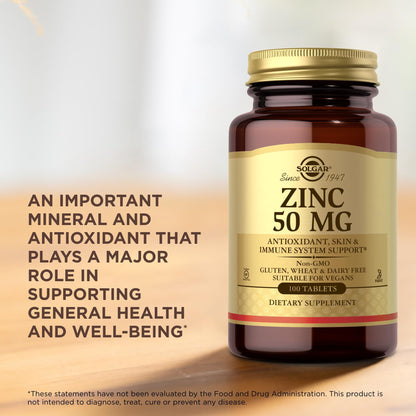 Solgar Zinc 50 mg, 100 Tablets - Zinc for Healthy Skin, Taste & Vision - Immune System & Antioxidant Support - Supports Cell Growth & DNA Formation - dailyvitalstore
