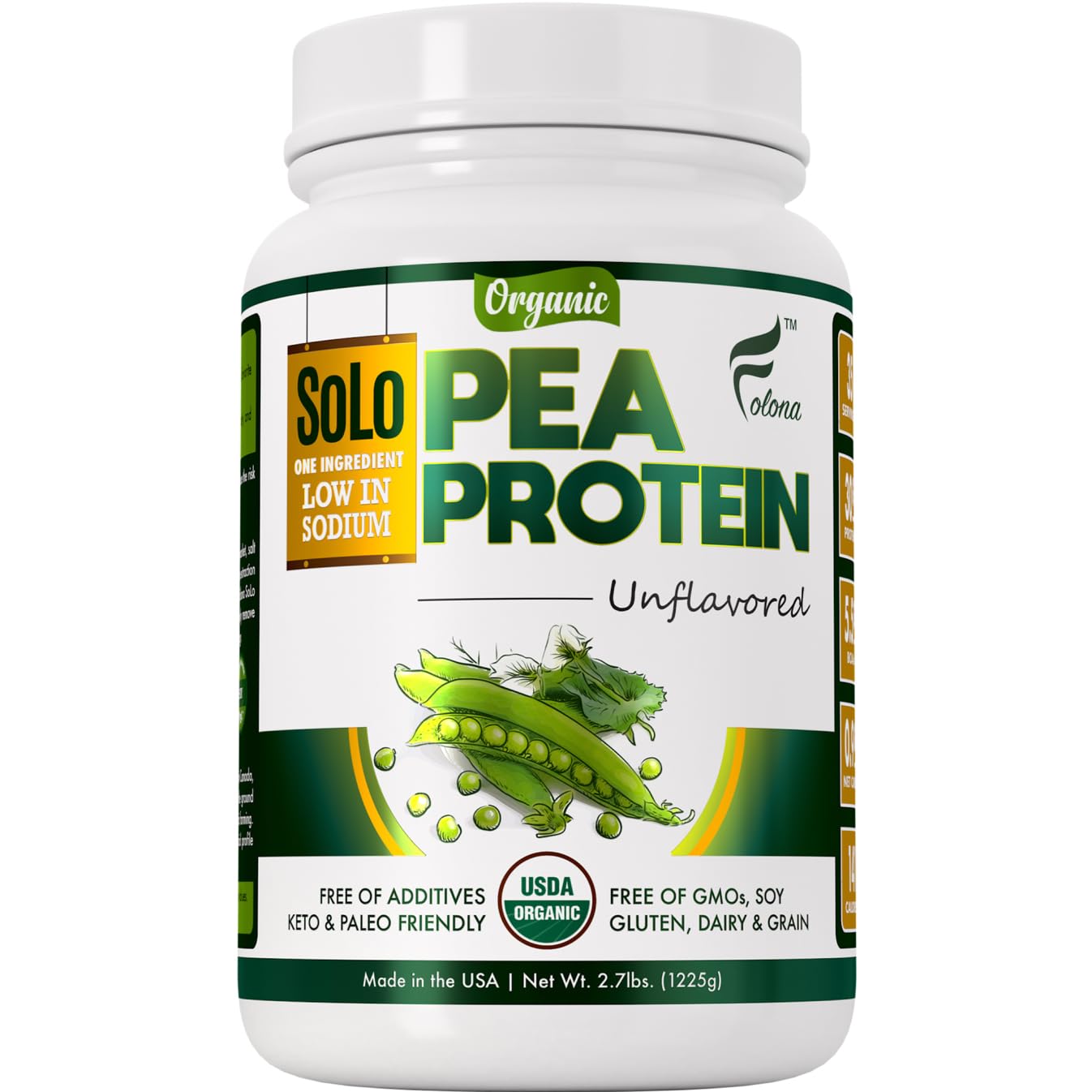 SOLO Organic Pea Protein Isolate, Low in Sodium, Canada Grown Peas, 100% Vegan, Non-GMO, Unflavored Plant Based Protein Powder with BCAA, Keto & Paleo Friendly, - dailyvitalstore