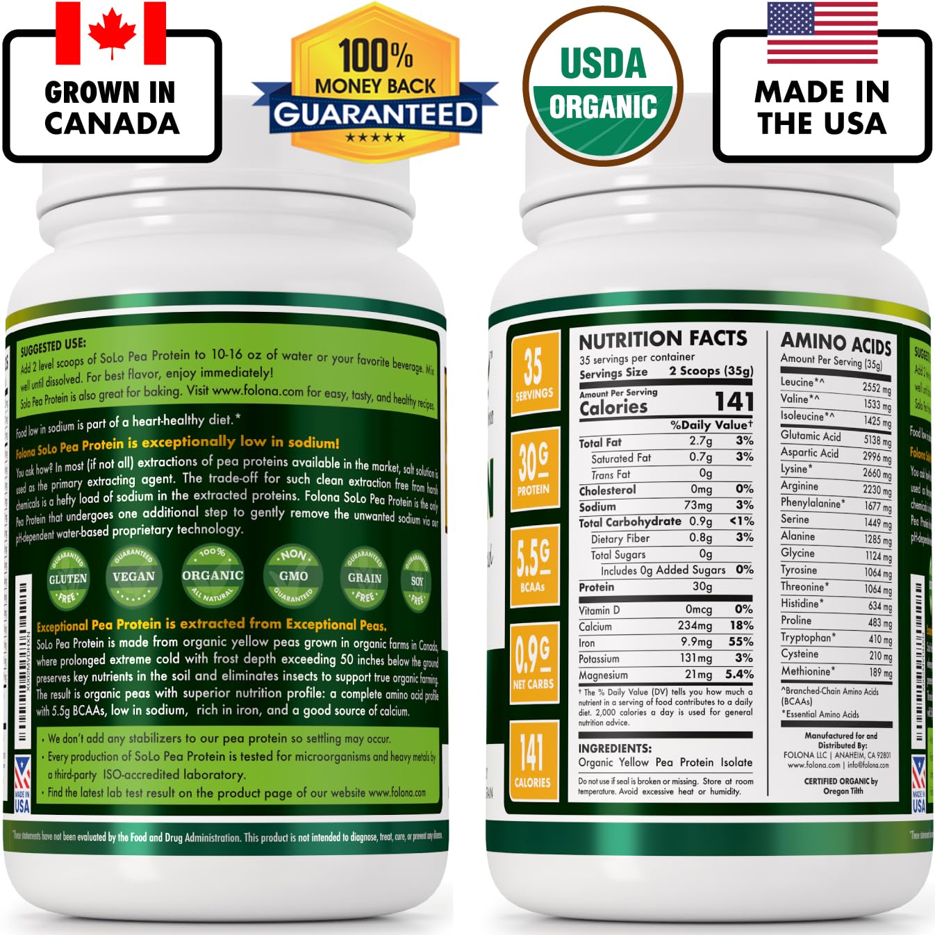 SOLO Organic Pea Protein Isolate, Low in Sodium, Canada Grown Peas, 100% Vegan, Non-GMO, Unflavored Plant Based Protein Powder with BCAA, Keto & Paleo Friendly, - dailyvitalstore