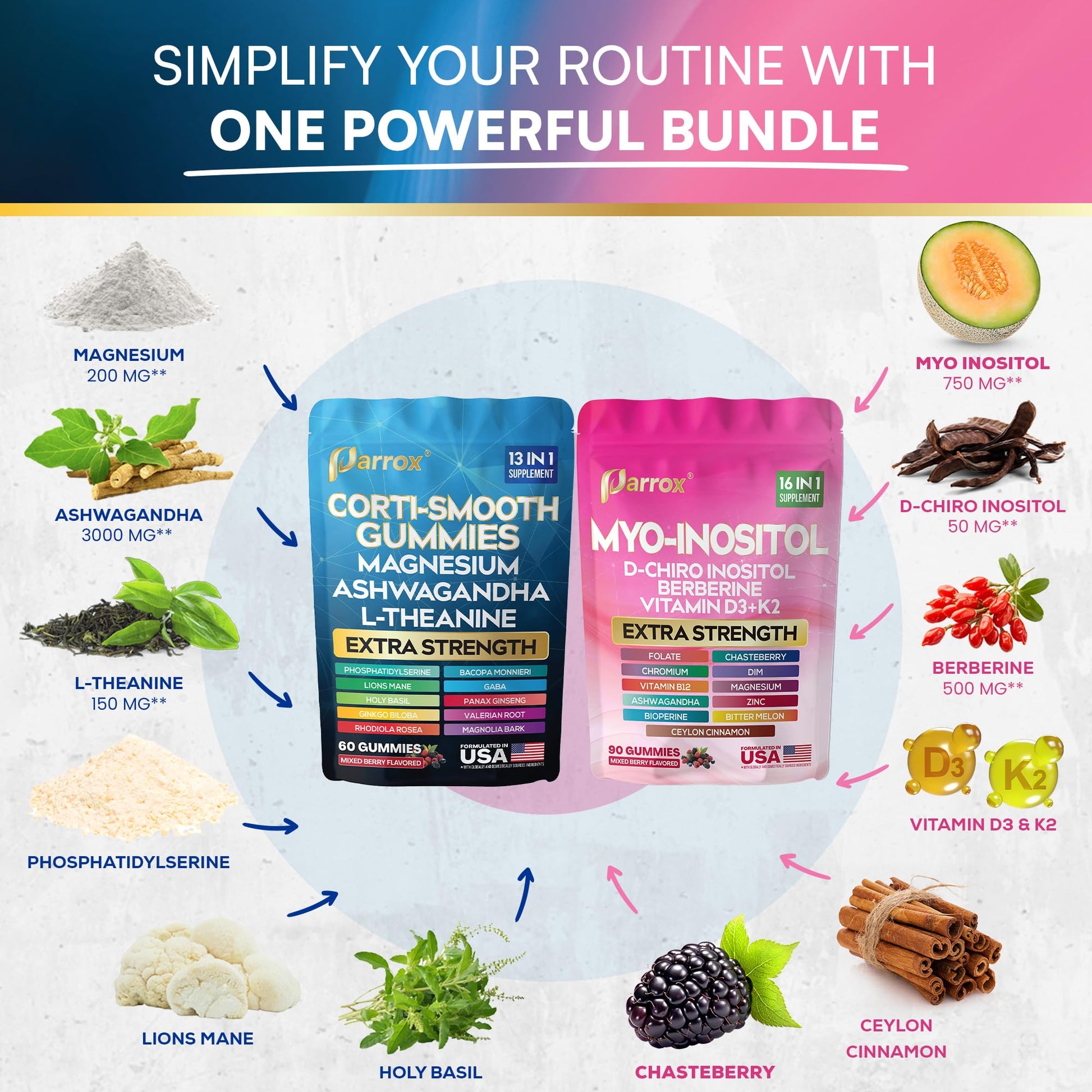 Soothe & Smooth Bundle Gummies - Cortisol & Myo-Inositol Supplement with D-Chiro Inositol, Berberine, Magenesium, Ashwagandha, L-Theanine, Vitamins D3+K2 & B12, Folate, Zinc Lion's Mane (150 Gummies) - dailyvitalstore