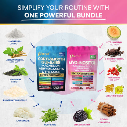 Soothe & Smooth Bundle Gummies - Cortisol & Myo-Inositol Supplement with D-Chiro Inositol, Berberine, Magenesium, Ashwagandha, L-Theanine, Vitamins D3+K2 & B12, Folate, Zinc Lion's Mane (150 Gummies) - dailyvitalstore