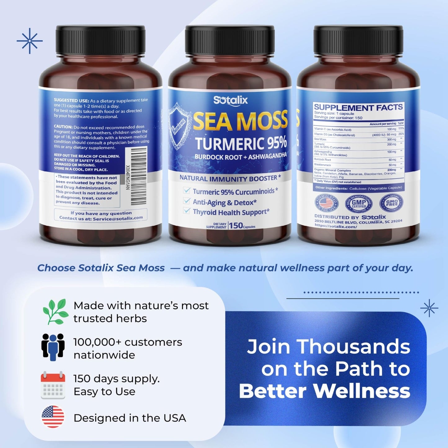 Sotalix Sea Moss Capsule with Ashwagandha, Burdock Root, Bladderwrack, Turmeric - Powerful Natural Immunity Booster (150 Count (Pack of 1)) - dailyvitalstore