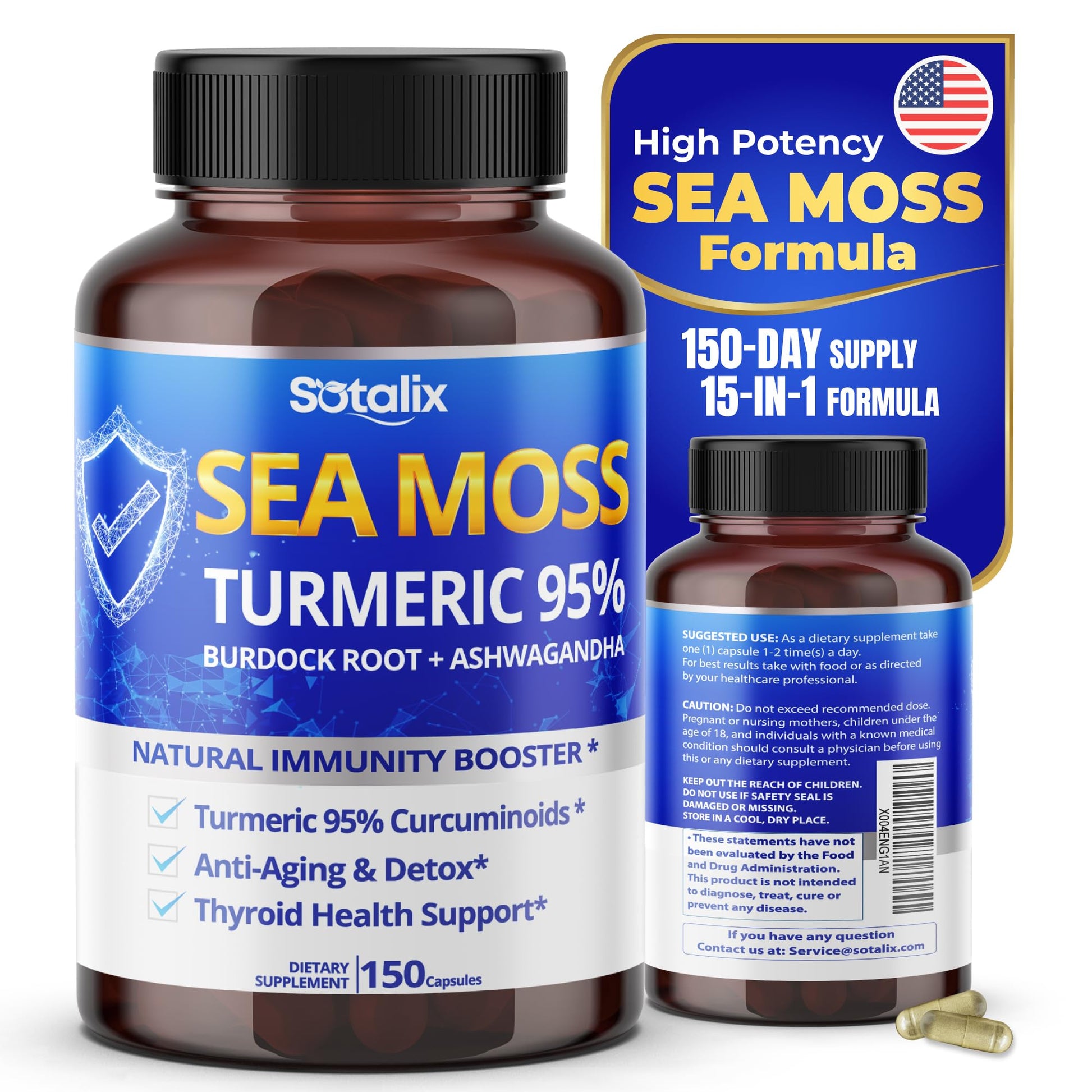Sotalix Sea Moss Capsule with Ashwagandha, Burdock Root, Bladderwrack, Turmeric - Powerful Natural Immunity Booster (150 Count (Pack of 1)) - dailyvitalstore