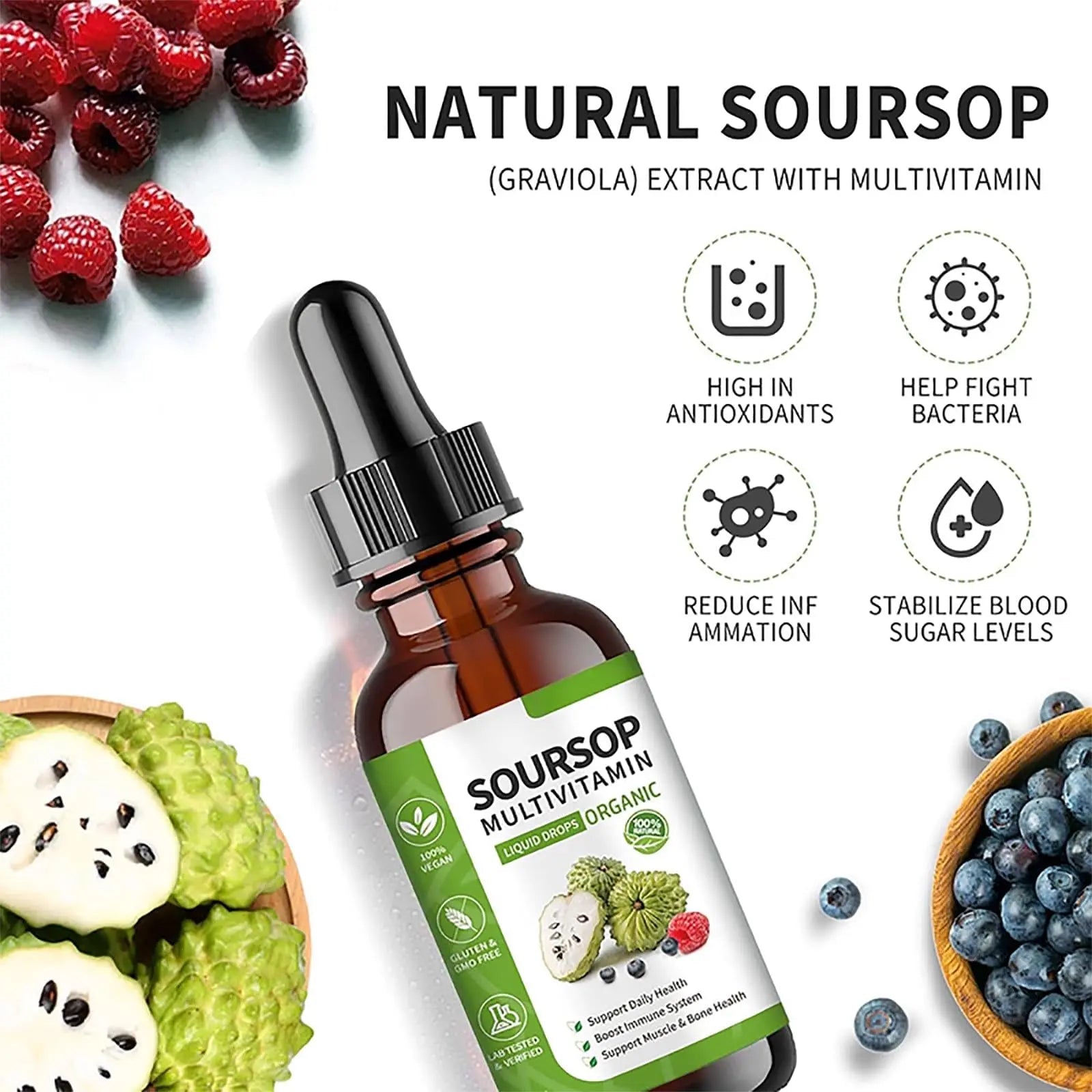 Soursop Bitters Liquid 2 Fl Oz, Soursop Graviola Leaf Extract Liquid Drop, Soursop Multivitamin Liquid Drops Organic for Cell Support, Immune System, Relax - dailyvitalstore