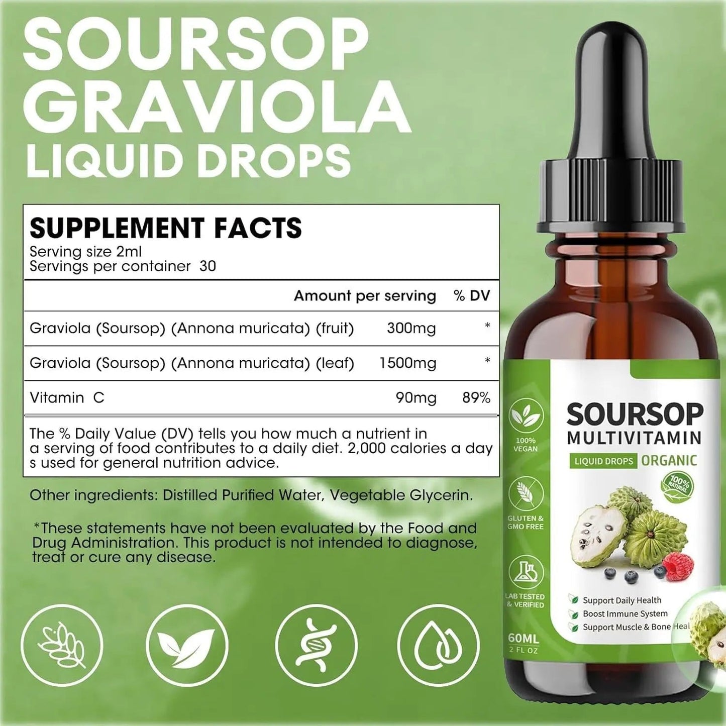 Soursop Bitters Liquid 2 Fl Oz, Soursop Graviola Leaf Extract Liquid Drop, Soursop Multivitamin Liquid Drops Organic for Cell Support, Immune System, Relax - dailyvitalstore