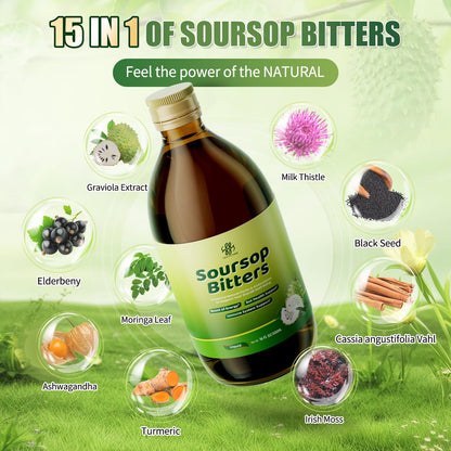 Soursop Bitters Liquid for Digestive Health,Gut Detox&Cleanse,Antioxidant,Immune Support,Skin Health-Pure 15 Herb Guanabana Tea with Black Seed,Moringa & Turmeric - dailyvitalstore