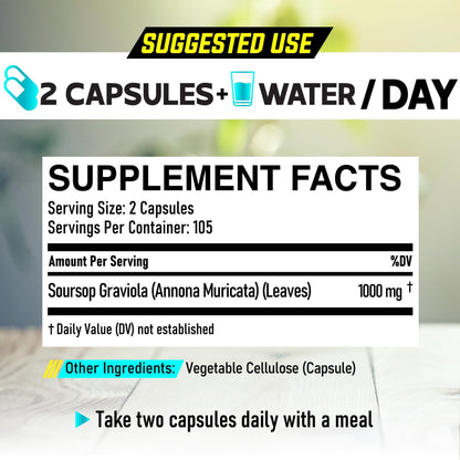 Soursop Graviola Leaves Capsules - Soursop Fruit Advanced - 210 Counts for 105 Servings - dailyvitalstore