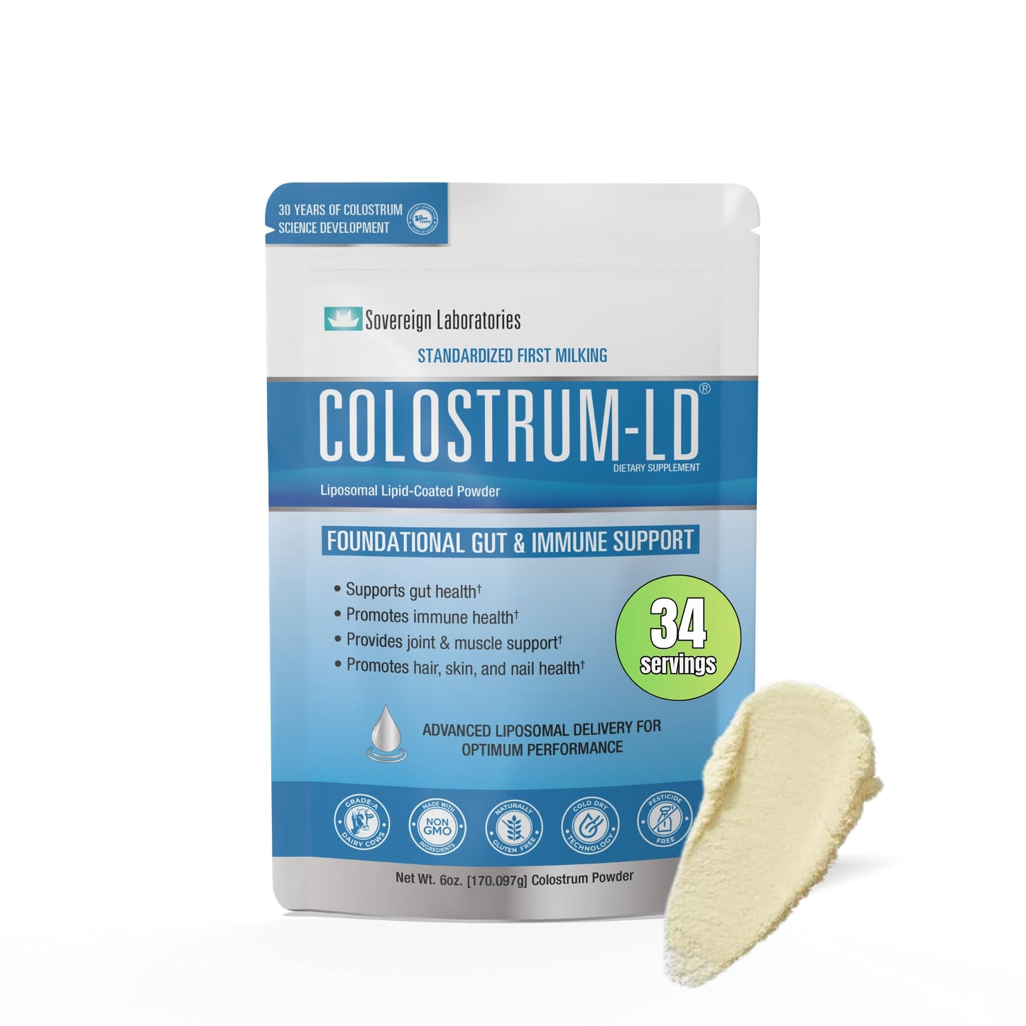 Sovereign Laboratories Colostrum-LD Powder | Unflavored | Liposomal Delivery, Max Absorption | 6 oz/ 34 Servings - dailyvitalstore