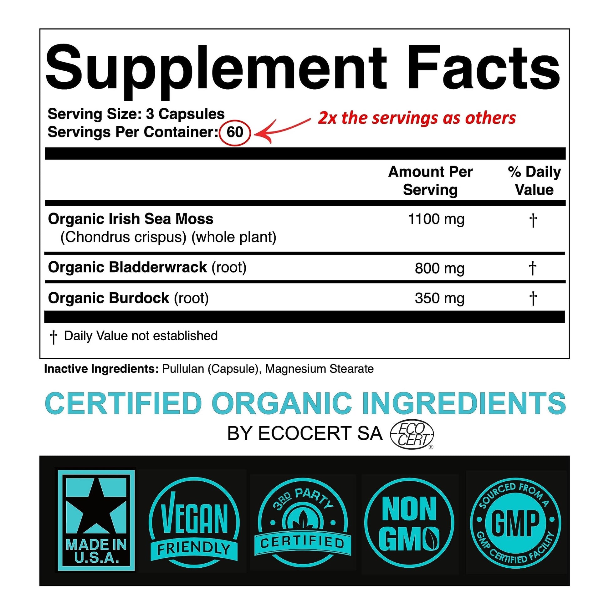 SPARTIS Certified Organic Sea Moss Capsules 2250mg Wildcrafted Irish Sea Moss Burdock Root Bladderwrack Supplement Raw Seamoss Pills & Powder (Pack of 1 at 180-Caps) - dailyvitalstore