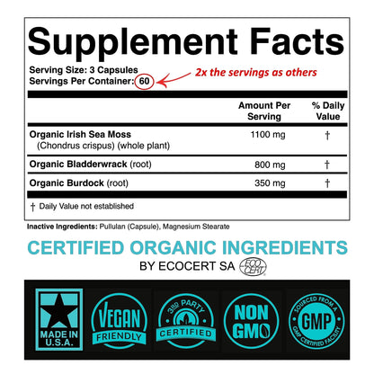SPARTIS Certified Organic Sea Moss Capsules 2250mg Wildcrafted Irish Sea Moss Burdock Root Bladderwrack Supplement Raw Seamoss Pills & Powder (Pack of 1 at 180-Caps) - dailyvitalstore