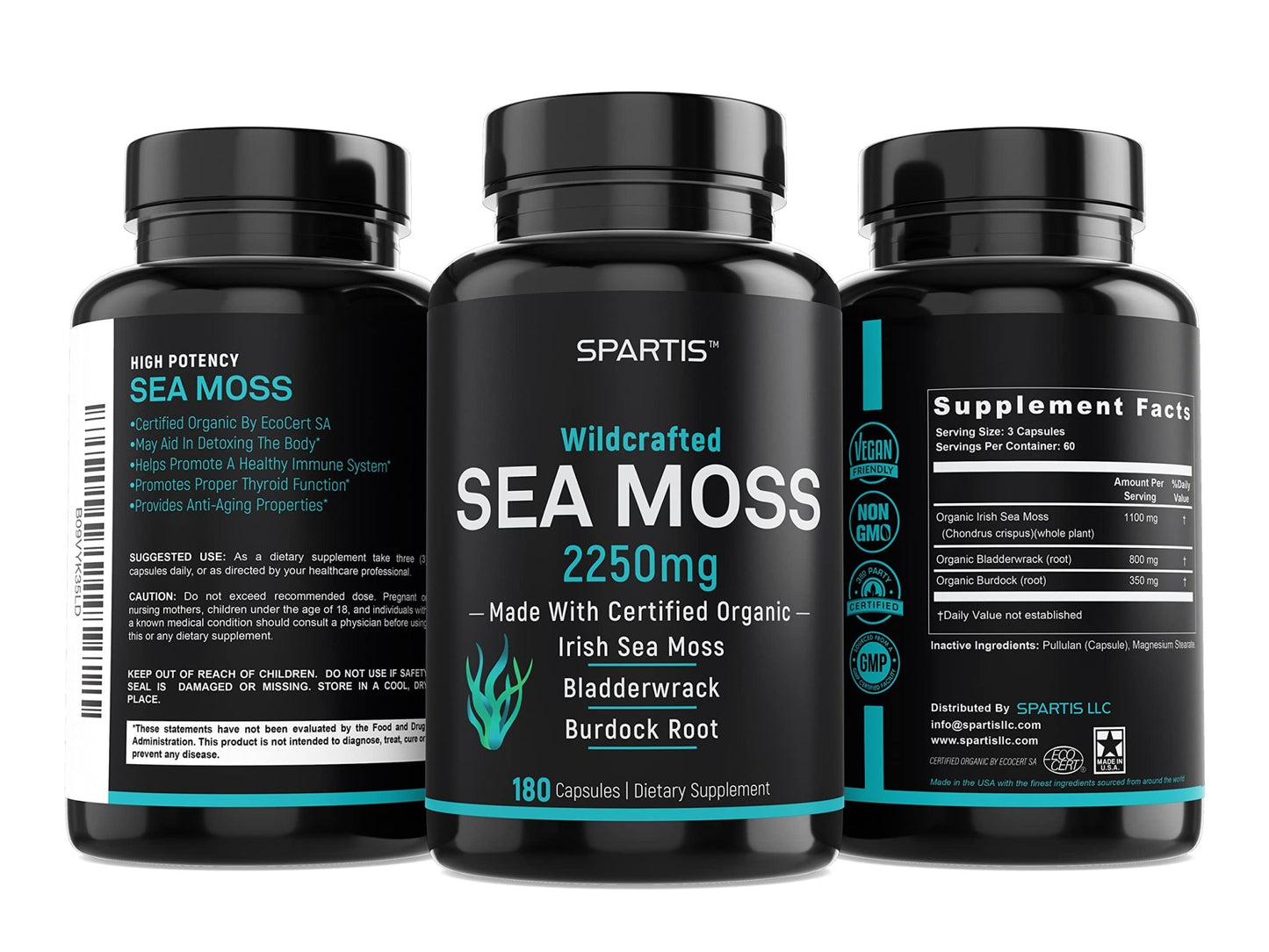 SPARTIS Certified Organic Sea Moss Capsules 2250mg Wildcrafted Irish Sea Moss Burdock Root Bladderwrack Supplement Raw Seamoss Pills & Powder (Pack of 1 at 180-Caps) - dailyvitalstore