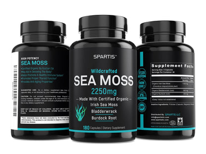SPARTIS Certified Organic Sea Moss Capsules 2250mg Wildcrafted Irish Sea Moss Burdock Root Bladderwrack Supplement Raw Seamoss Pills & Powder (Pack of 1 at 180-Caps) - dailyvitalstore