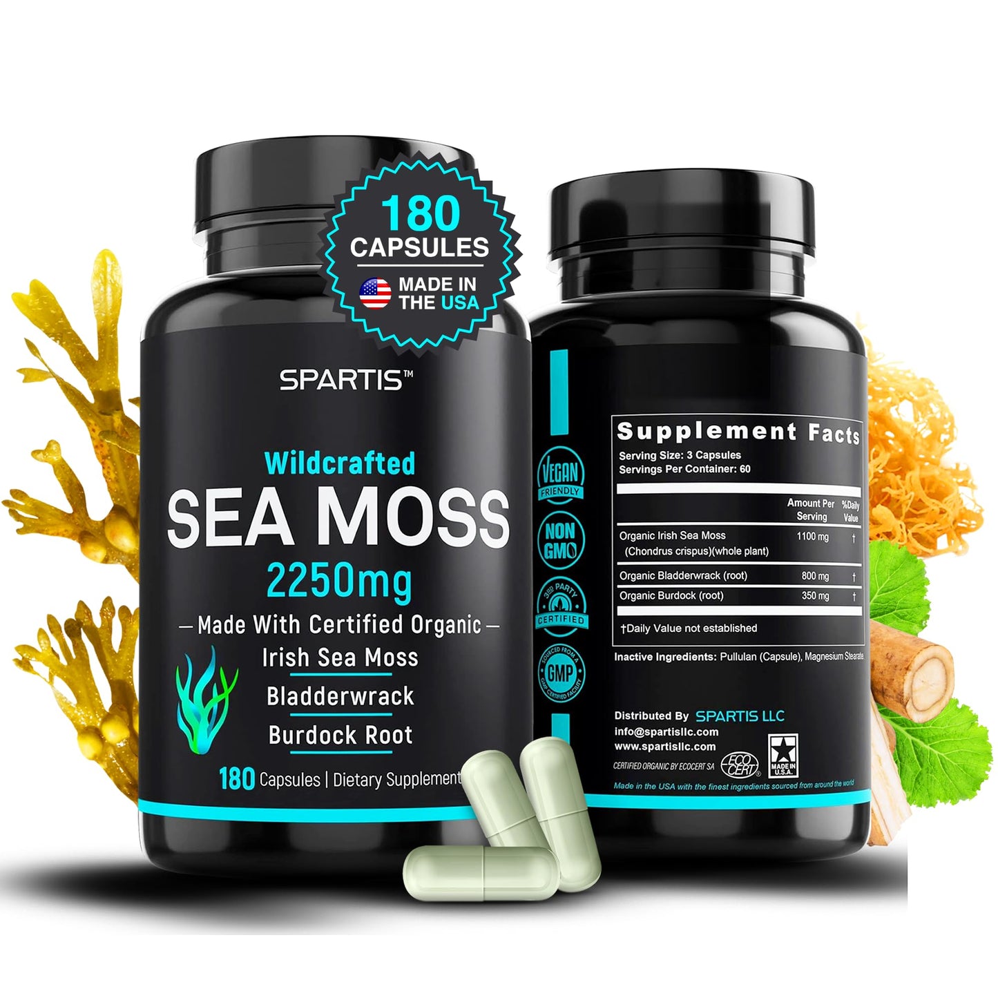 SPARTIS Certified Organic Sea Moss Capsules 2250mg Wildcrafted Irish Sea Moss Burdock Root Bladderwrack Supplement Raw Seamoss Pills & Powder (Pack of 1 at 180-Caps) - dailyvitalstore