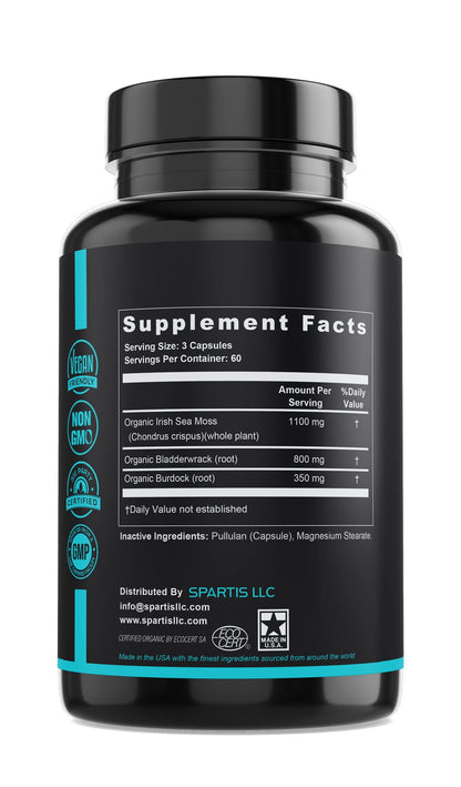 SPARTIS Certified Organic Sea Moss Capsules 2250mg Wildcrafted Irish Sea Moss Burdock Root Bladderwrack Supplement Raw Seamoss Pills & Powder (Pack of 1 at 180-Caps) - dailyvitalstore