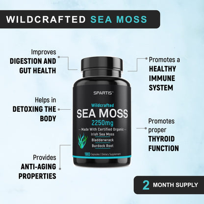 SPARTIS Certified Organic Sea Moss Capsules 2250mg Wildcrafted Irish Sea Moss Burdock Root Bladderwrack Supplement Raw Seamoss Pills & Powder (Pack of 1 at 180-Caps) - dailyvitalstore