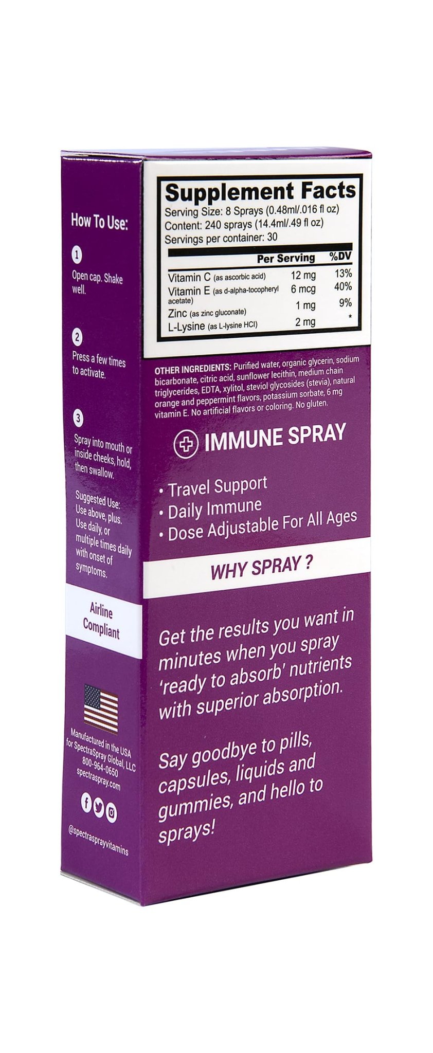 Spectraspray Immune Support Vitamin Spray - Vitamins C, E, Zinc and L-Lysine, 30 Day Supply per Spray - dailyvitalstore