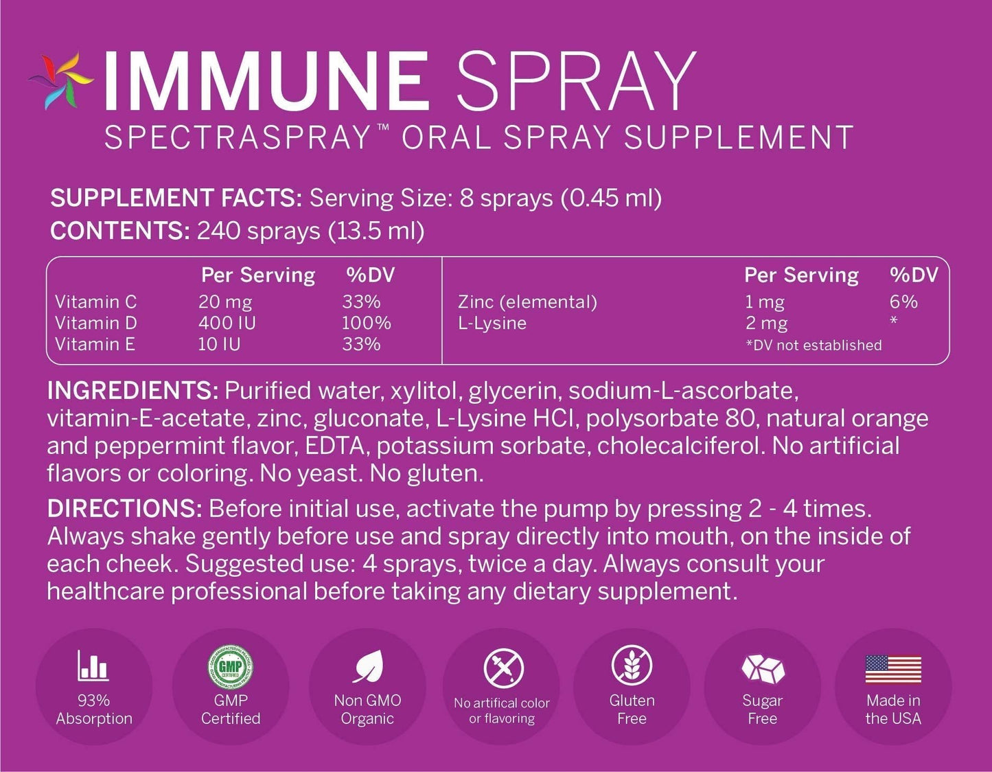 Spectraspray Immune Support Vitamin Spray - Vitamins C, E, Zinc and L-Lysine, 30 Day Supply per Spray - dailyvitalstore
